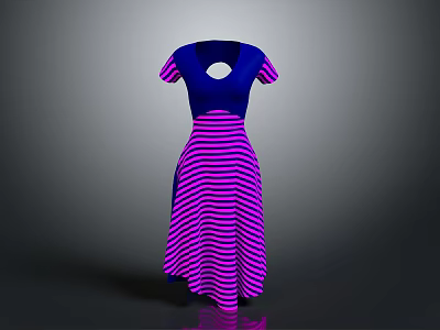 Fashionable Blue And Pink Striped Short Sleeve Dress With Back Cutout Long Length 3d model