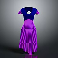 Fashionable Blue And Pink Striped Short Sleeve Dress With Back Cutout Long Length