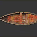 Traditional Wooden Boat With Red Decorations And Long Oar On Gray Background