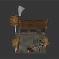Cartoon Scene With Wooden Cabin On Cliff And Autumn Trees By Stream