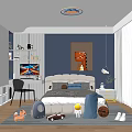 Kids Room Interior With Blue Walls Bed Desk TV Decorative Painting Toys And Curtains
