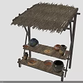 Traditional Village Shelf With Thatched Roof Displaying Clay Pots And Plates