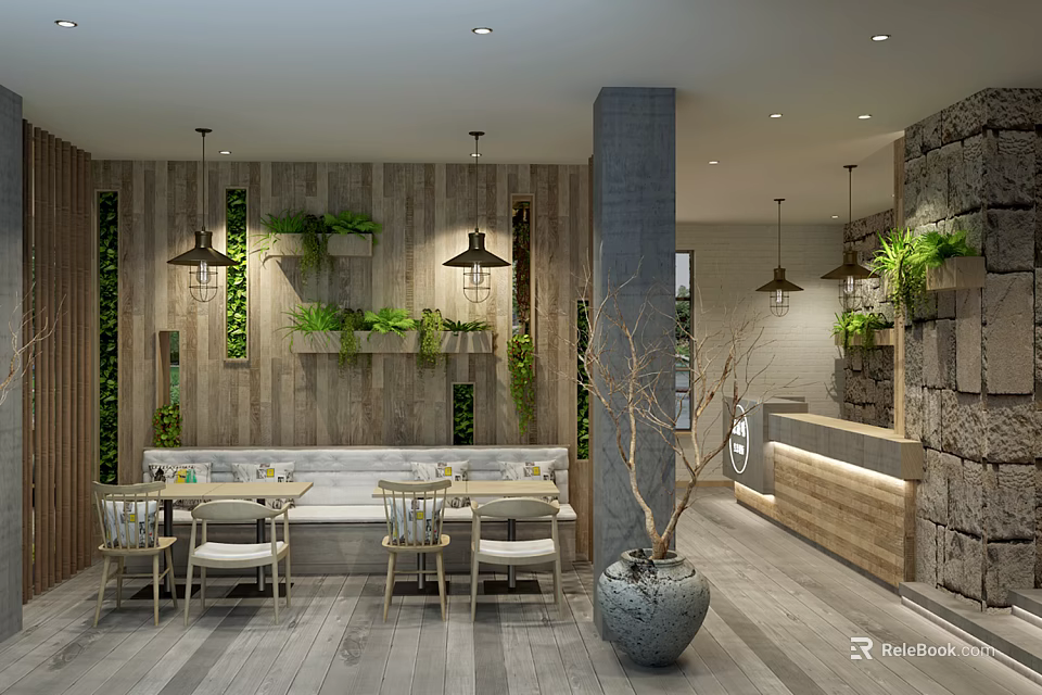 Warm Restaurant Interior Featuring Wooden Walls Green Plants Pendant Lights Booth Seating And Stone Accents 3d model 