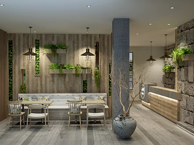 Warm Restaurant Interior Featuring Wooden Walls Green Plants Pendant Lights Booth Seating And Stone Accents 3d model