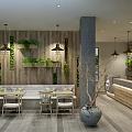 Warm Restaurant Interior Featuring Wooden Walls Green Plants Pendant Lights Booth Seating And Stone Accents
