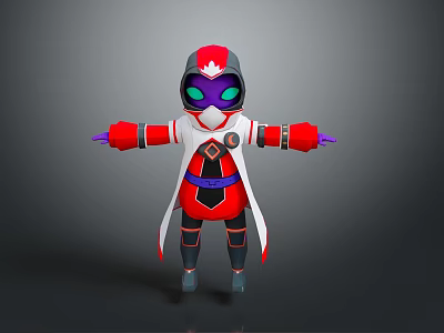 Hooded Character In Red White Costume With Purple Eyes Cape And Boots 3d model