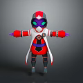 Hooded Character In Red White Costume With Purple Eyes Cape And Boots