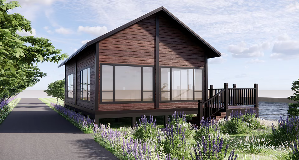 Wooden Gabled Roof Cabin With Large Windows Purple Flowers And Wooden Deck 3d model 