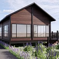 Wooden Gabled Roof Cabin With Large Windows Purple Flowers And Wooden Deck