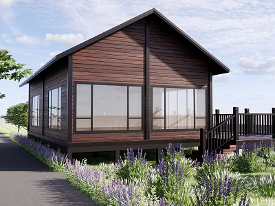 Wooden Gabled Roof Cabin With Large Windows Purple Flowers And Wooden Deck 3d model