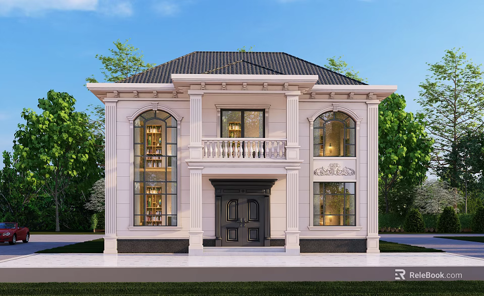 European Style Detached Villa Exterior Design With Arched Windows Black Front Door And Balcony 3d model 