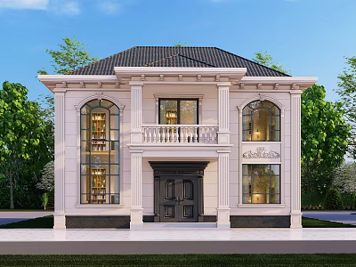 European Style Detached Villa Exterior Design With Arched Windows Black Front Door And Balcony 3d model