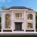 European Style Detached Villa Exterior Design With Arched Windows Black Front Door And Balcony