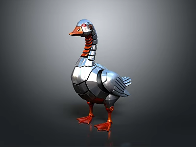 Detailed Metallic Robotic Goose With Red Eyes And Orange Feet 3d model