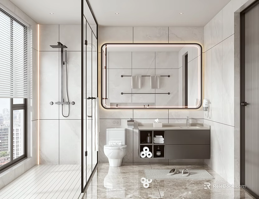 Modern Bathroom Interior With Large Mirror Vanity Shower Area And Marble Flooring 3d model 