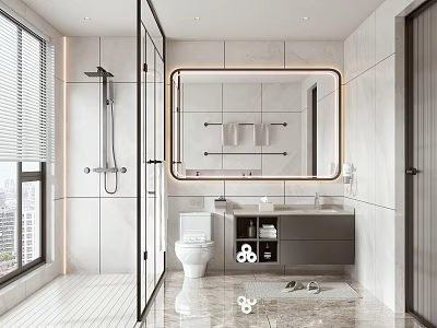 Modern Bathroom Interior With Large Mirror Vanity Shower Area And Marble Flooring 3d model