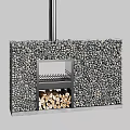 Natural Pebble Wall Fireplace Design With Metal Grate And Wood Logs