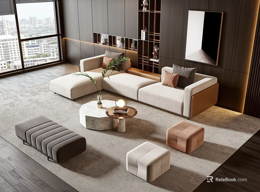Modern Sectional Sofa And Marble Coffee Table With Ottoman Plant And Area Rug 3d model 