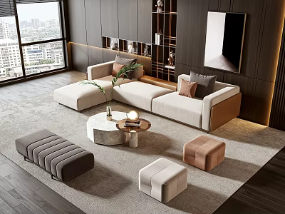 Modern Sectional Sofa And Marble Coffee Table With Ottoman Plant And Area Rug 3d model