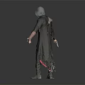 Hooded Man In Dark Coat With Red Belt Holding Dagger And Pistol Standing Still