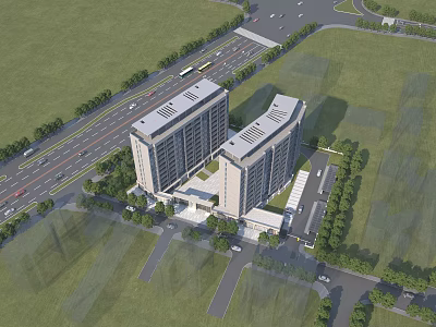 Modern Residential Building Complex With Two Towers Greenery Road Access And Parking Area 3d model