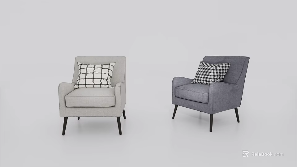 Light And Dark Gray Single Sofas Featuring Black White Checkered Cushions And Black Slim Legs 3d model