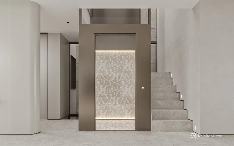 Minimalist Modern Elevator Hallway Interior With Gray Walls Staircase And Ambient Lighting 3d model 