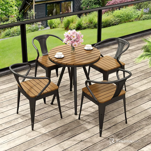 Outdoor Table with Four Black Frame Wooden Seat Chairs and Patio Pink Flower Vase 3d model 