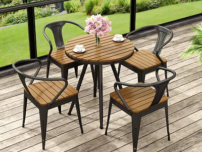 Outdoor Table with Four Black Frame Wooden Seat Chairs and Patio Pink Flower Vase 3d model
