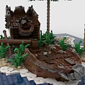 Building Blocks Island Scene with Palm Trees Shipwreck Sandy Shore and Blue Ocean