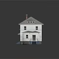 White House With Gray Roof Red Chimney Blue Stairs Porch Windows And Stone Base
