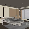 Modern Minimalist Bedroom Interior With Upholstered Bed Desk Chair And Large Window Blinds