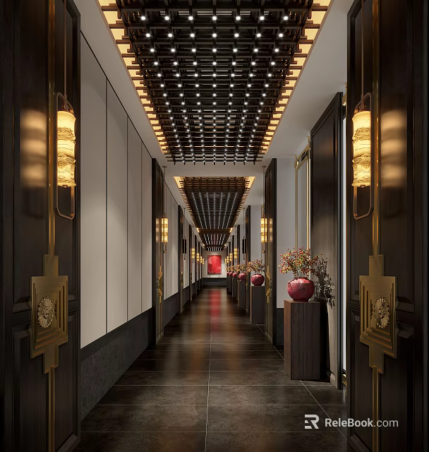 Chinese Style Hotel Corridor With Wooden Lattice Ceiling Wall Lamps Red Vases And White Walls 3d model 