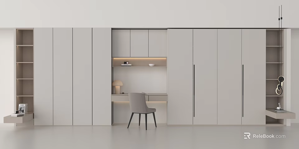 Modern Minimalist Light Gray Wardrobe With Built in Desk Interior Design 3d model