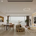 Modern Living and Dining Room With Sofa Dining Table Floor to Ceiling Windows Pendant Lights