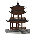 Traditional Chinese Pagoda With Multi layered Wooden Structure Curved Eaves Black Roof Stone Base Steps