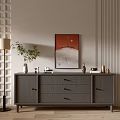 Minimalist Entryway Console Table Design With Gray Drawers Floor Lamp Potted Plant And Wall Art