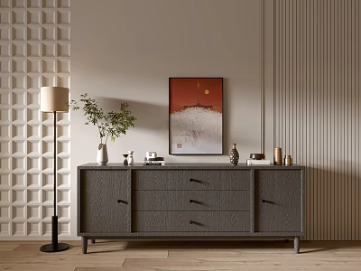 Minimalist Entryway Console Table Design With Gray Drawers Floor Lamp Potted Plant And Wall Art 3d model