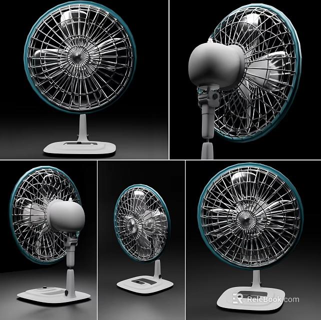 Modern Electric Fan Design Shown From Multiple Angles With Sturdy Base And Protective Grill 3d model
