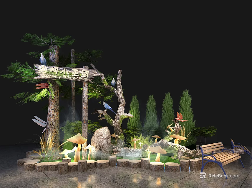Forest Themed Window Display With Trees Mushrooms Bench Birds Rocks And Lighting 3d model 