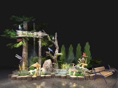 Forest Themed Window Display With Trees Mushrooms Bench Birds Rocks And Lighting 3d model