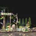 Forest Themed Window Display With Trees Mushrooms Bench Birds Rocks And Lighting 3d model