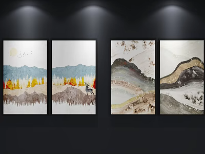 Four Piece Landscape Paintings With Mountain Views Trees Deer Moon And Birds 3d model