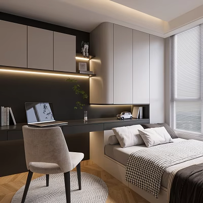 Modern Tatami Bedroom Interior With Wooden Bed Study Desk And Built in Storage Cabinets 3d model