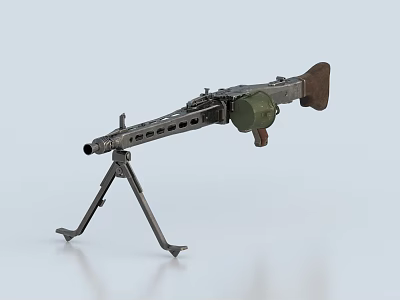 Vintage Machine Gun With Tripod Stand Metal Body And Wooden Stock Design 3d model