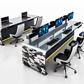 Modern Camouflage Pattern Functional Desk with Multiple Monitors and Ergonomic Chairs 3d model