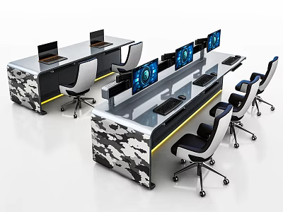 Modern Camouflage Pattern Functional Desk with Multiple Monitors and Ergonomic Chairs 3d model