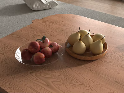 Fresh Red Apples and Yellow Pears on Glass and Wooden Plates on Wooden Table 3d model