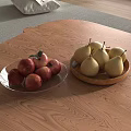 Fresh Red Apples and Yellow Pears on Glass and Wooden Plates on Wooden Table