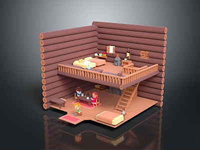 Rustic Scenic Landscape Featuring Two Story Log Cabin With Wooden Walls And Staircase 3d model